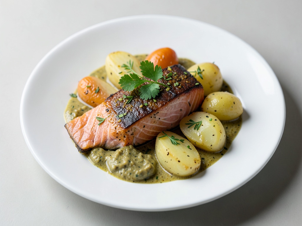 Piatto colorato con salmone selvaggio, patate e salsa di senape