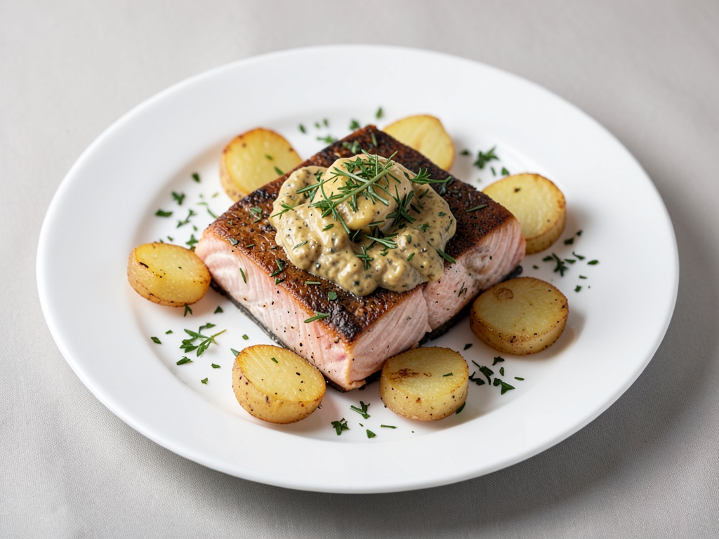 Salmone selvatico con crema di senza e erbe e patate fritte