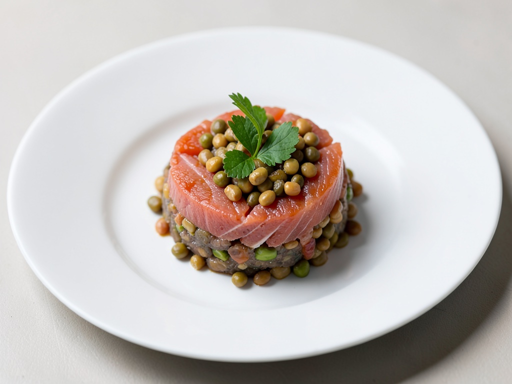 Tartar de salmón con lentejas marinadas
