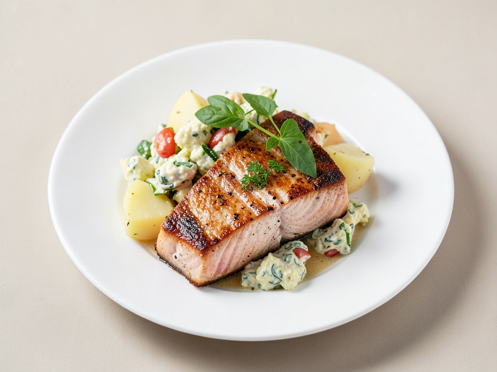 Gebratene Wildlachssteaks mit cremigem Kartoffel-Ei-Salat