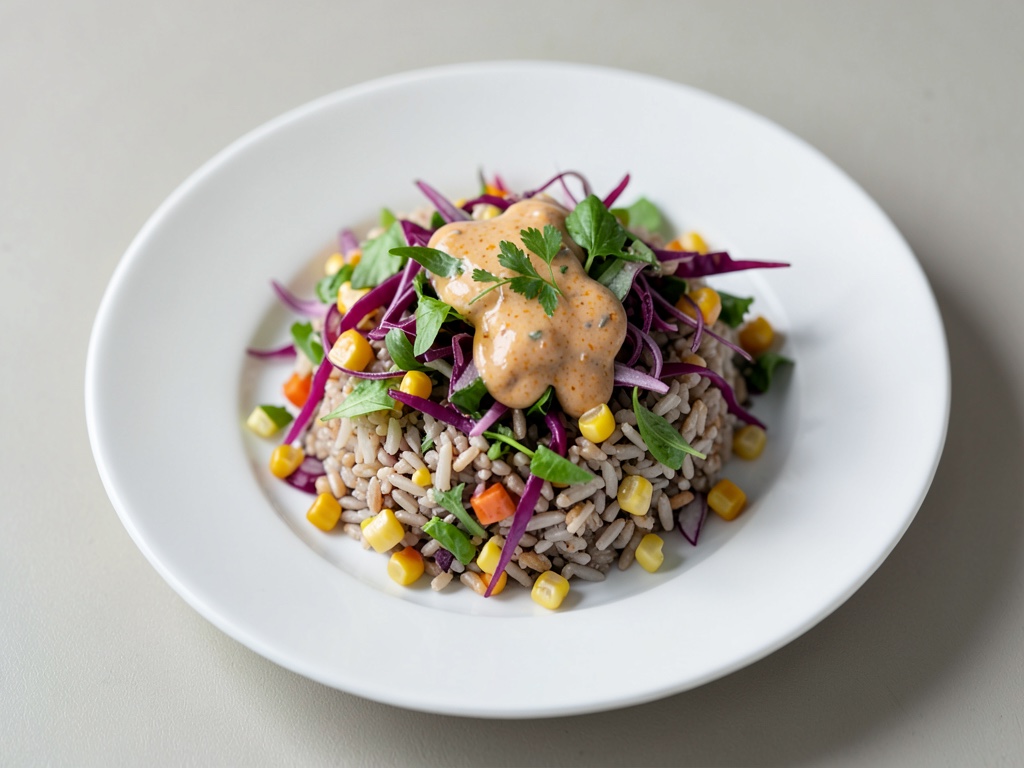 Wild Rice Bowl with Corn Salad, Red Cabbage and Nut-Orange Dressing