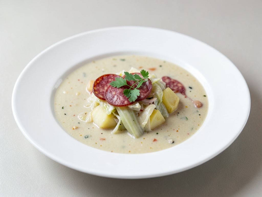 Zuppa cremosa di verza e patate con salame