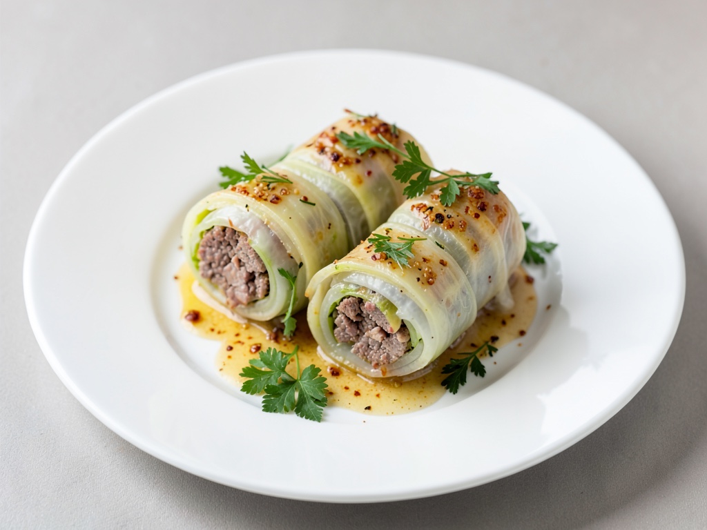 Rulitos de col rizada con relleno de carne