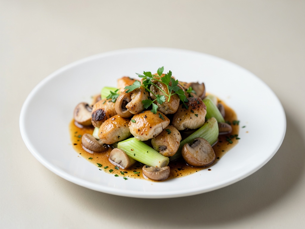 Piatti in Wok con pollo, funghi e porro
