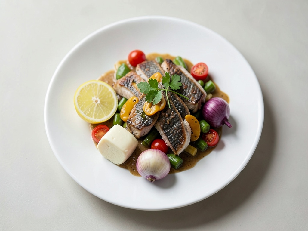 Lubina con guisantes y flores