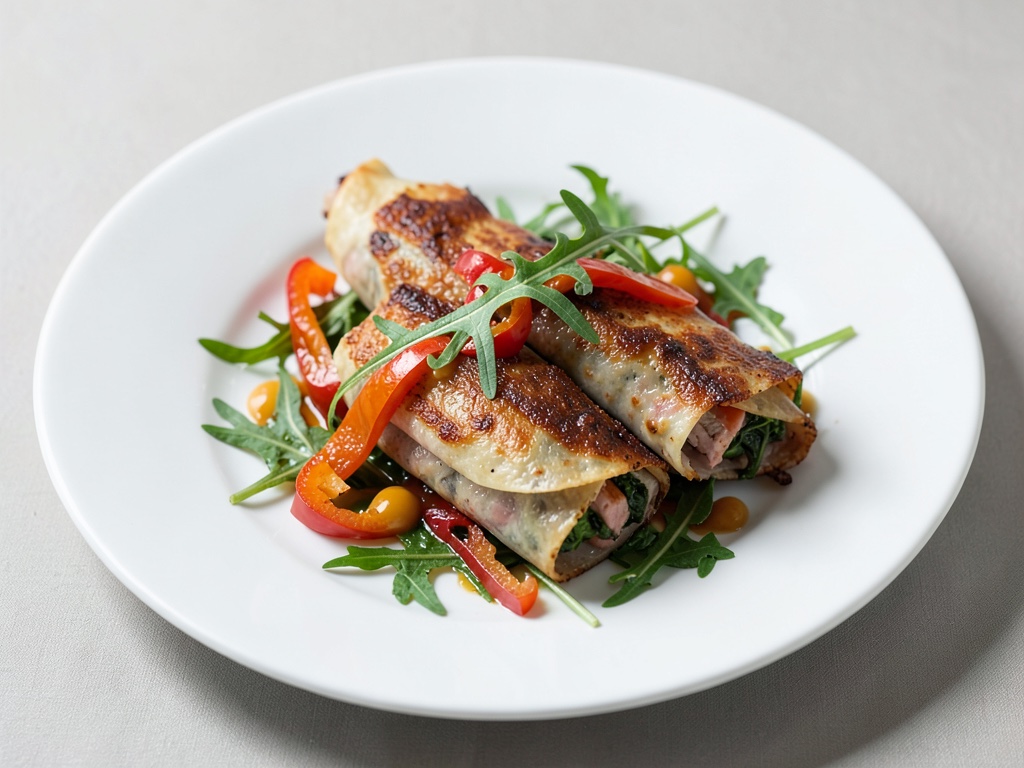 Wrapp croccanti di maiale con peperoni e rucola
