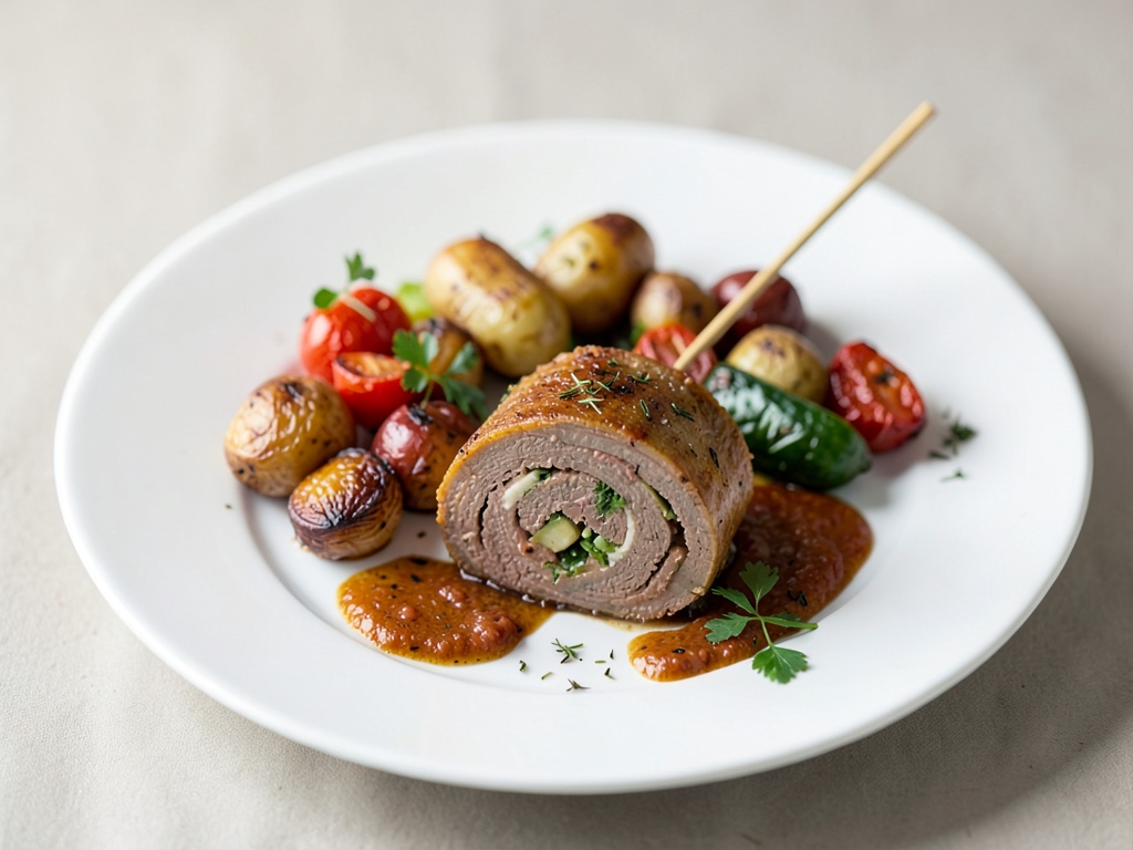 Aromatiche involtini di manzo con verdure al forno e spiedini di patate