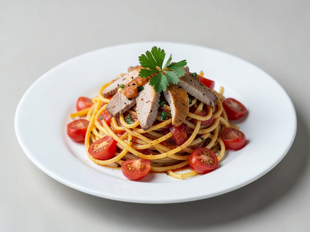 Würzige Spaghetti mit Putenstreifen und Tomaten