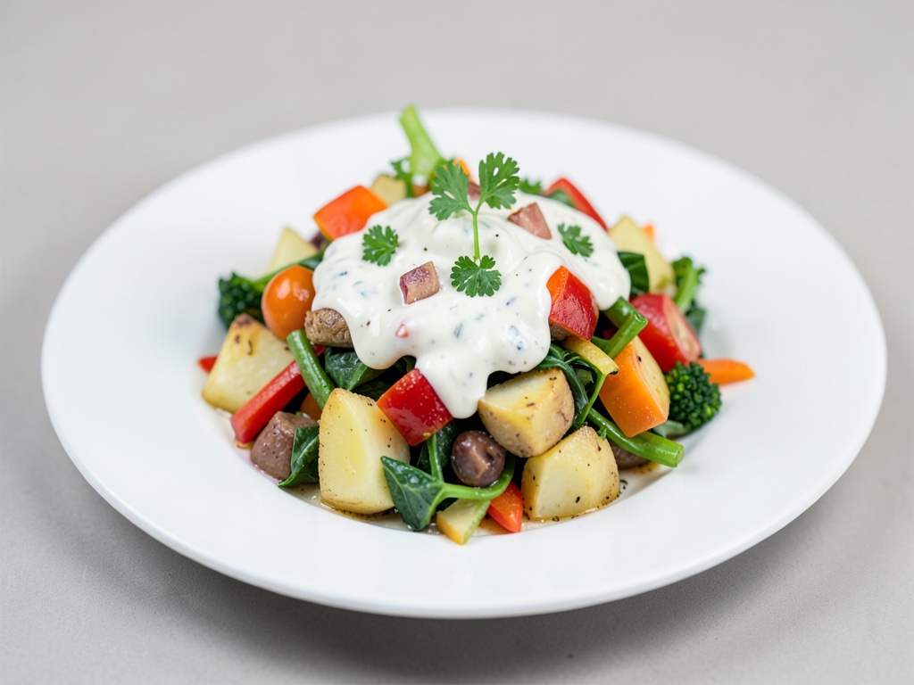 Saporito insalata di patate e verdure con dressing allo yogurt