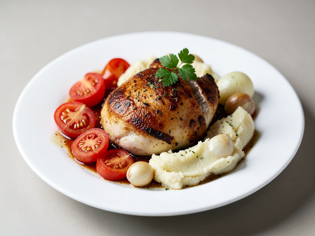 Aromatisches Hähnchen mit Kartoffelpüree, Tomaten und Knoblauch