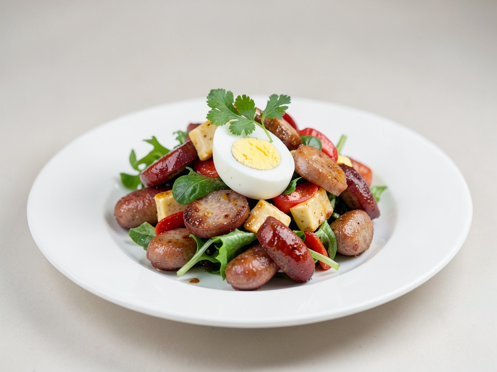 Insalata di salsiccia e formaggio colorata con uovo sodo
