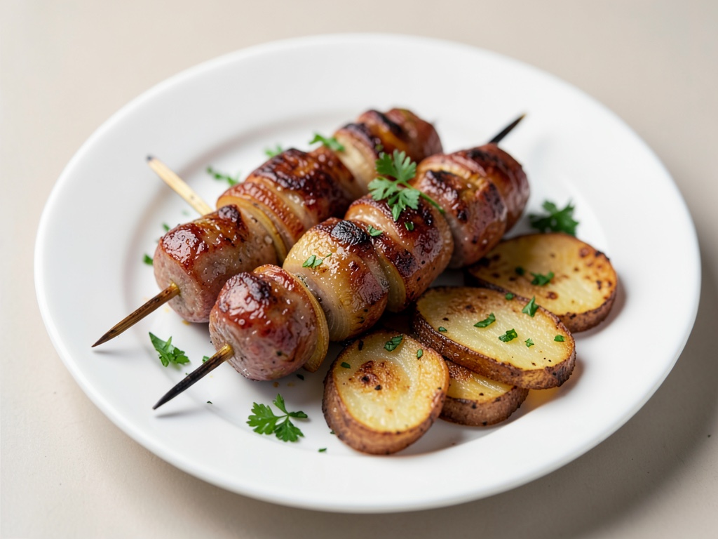 Brochettes de saucisses et oignons marinés avec tranches de pommes de terre croustillantes
