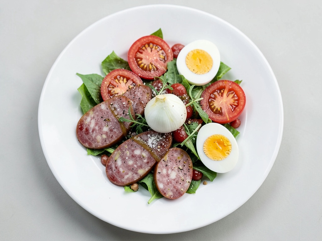 Insalata di salsiccia con uova e pomodori