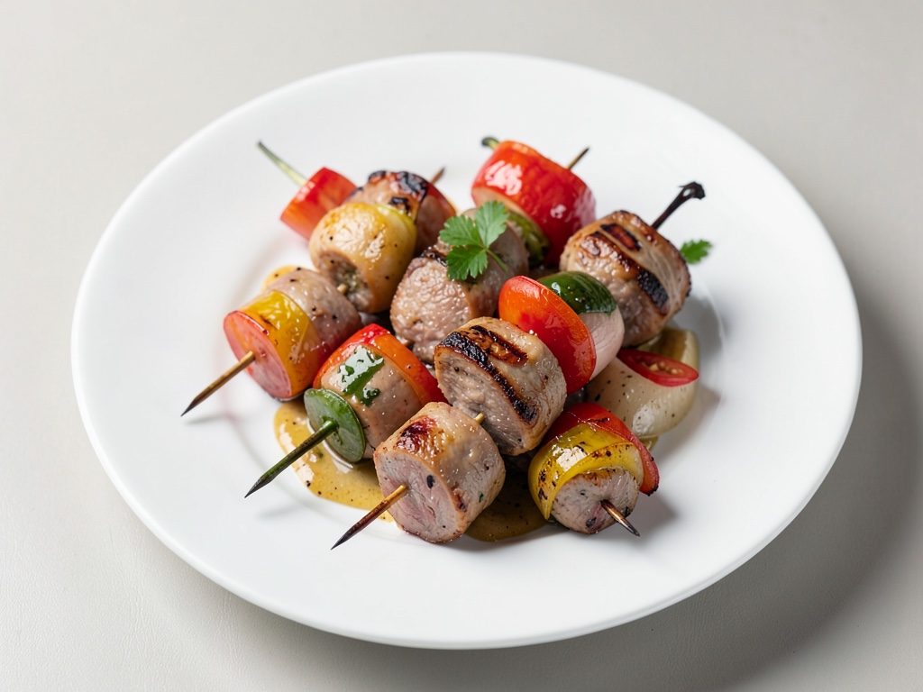 Spiedini di salsiccia di vitello alla griglia con peperoni e cipolle