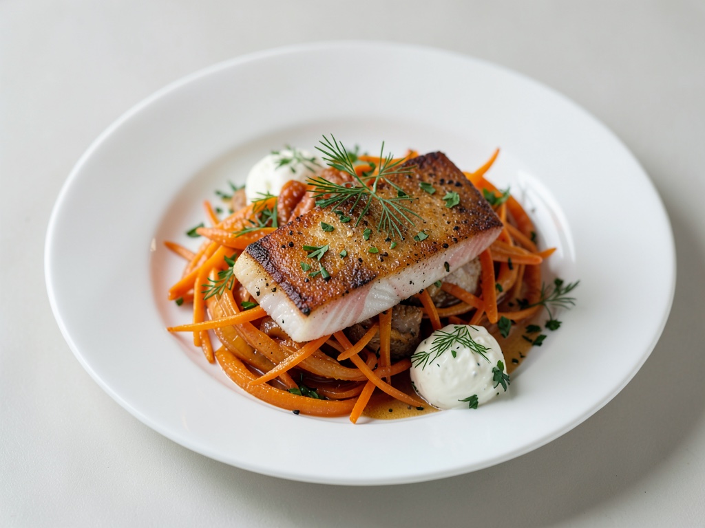 Sandre sauté sur salade de carottes caramélisées au yaourt à l'aneth