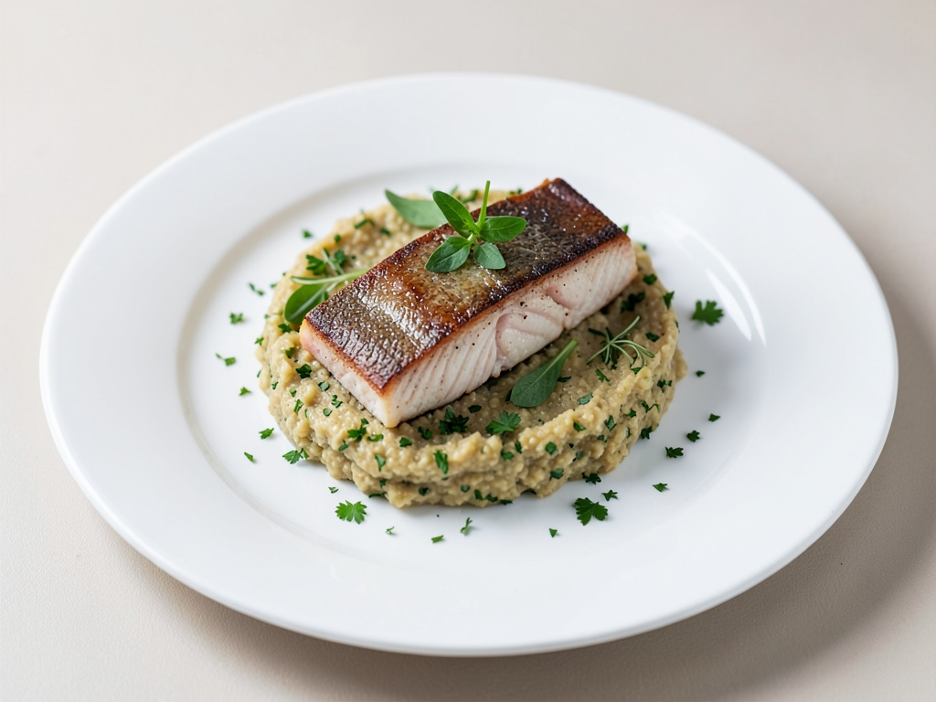 Zander sur purée bicolore (pomme de terre et persil)