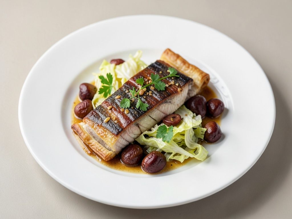 Sandre en pâte feuilletée aux marrons et chou frisé