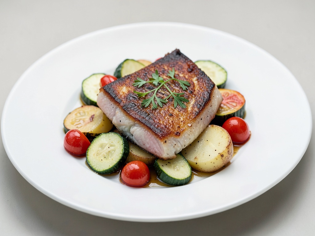 Sandre sauté avec légumes de courgettes et tomates et pommes de terre