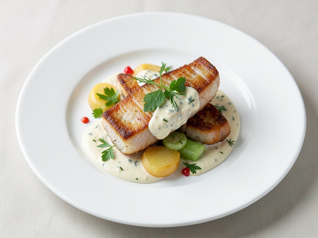 Filet de sandre croustillant au chou-rave crémeux
