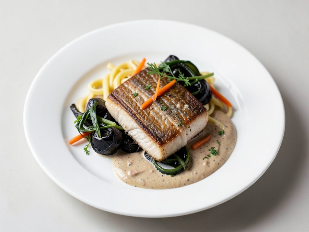 Zanderfilet mit Schwarzwurzelgemüse, Karottendip und Nudeln