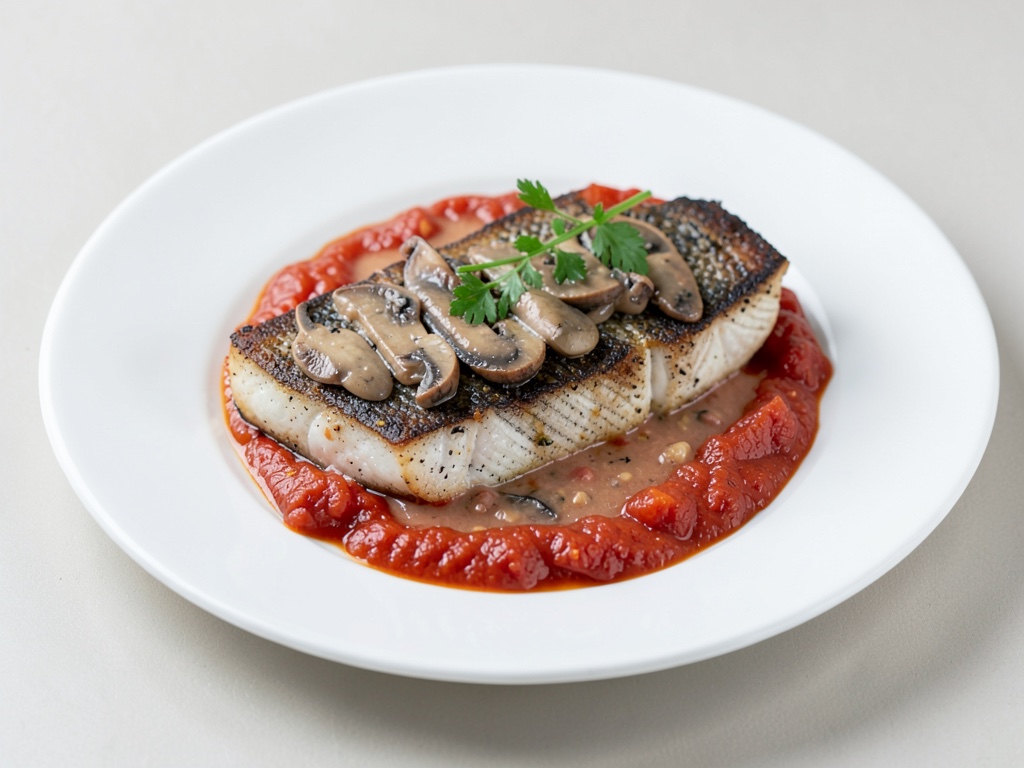 Filetti di Zander con crosta di funghi e salsa cremosa al pomodoro