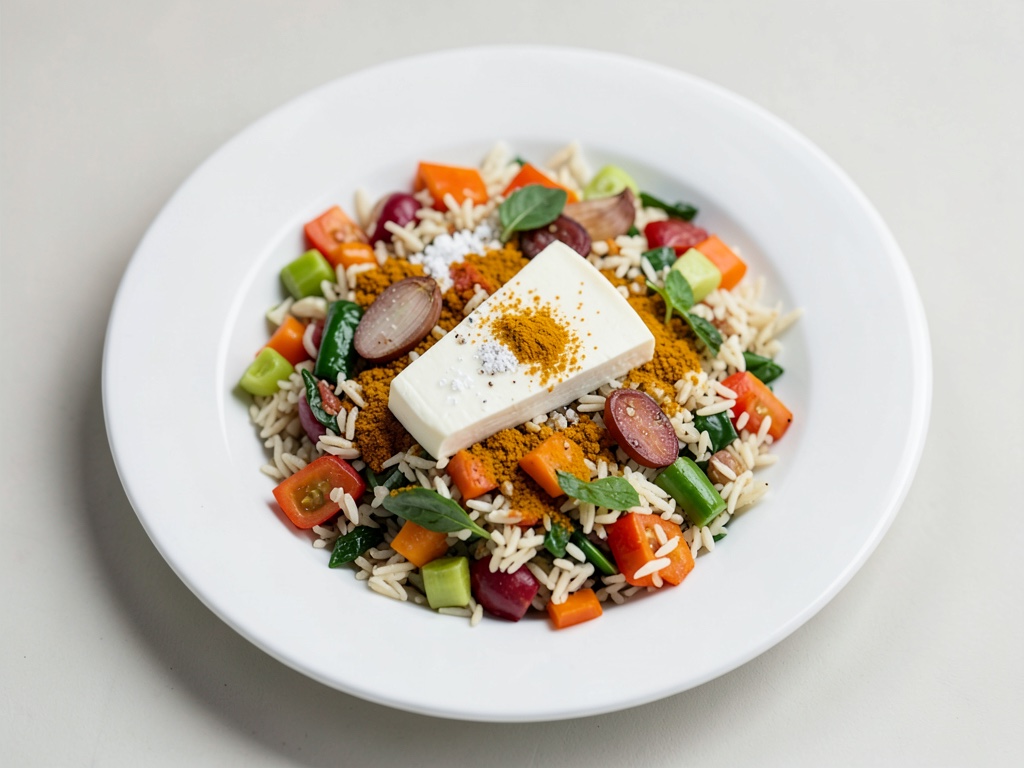Formaggio di capra su padella di riso e verdure