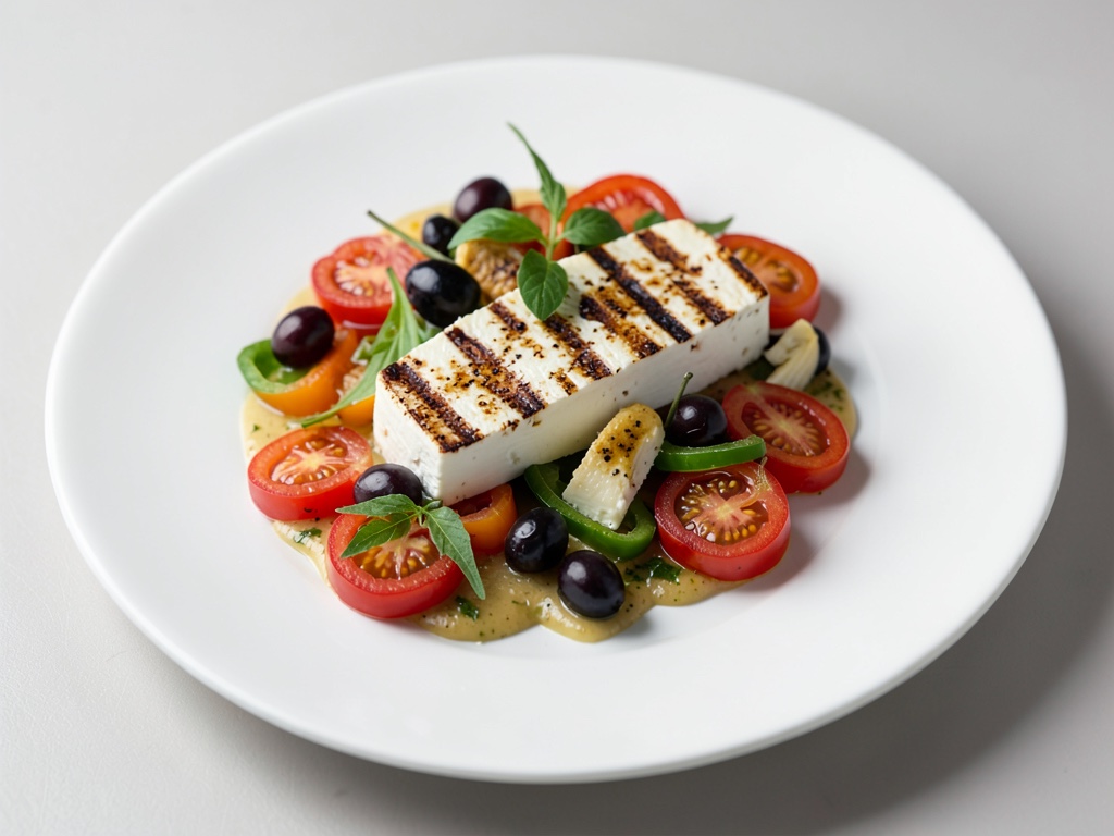 Capretto di capra alla griglia con olive, peperoni e insalata di pomodori