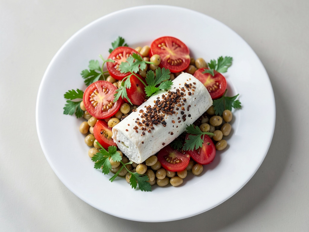 Rotolo di formaggio di capra con insalata fresca di pomodori e fagioli