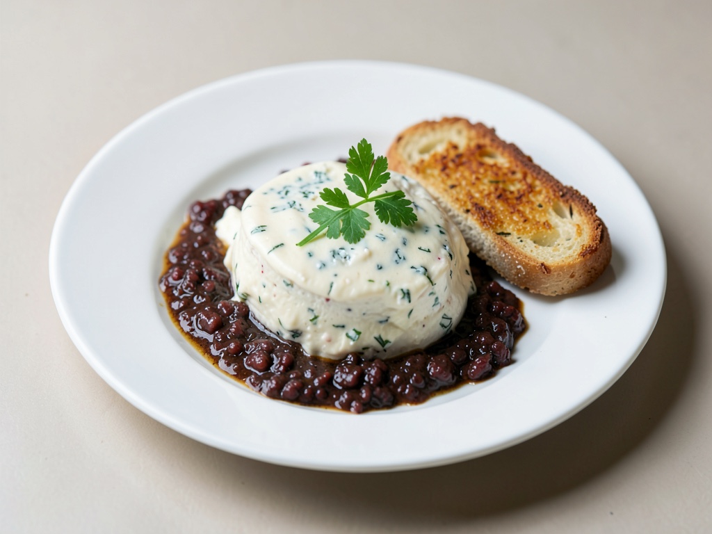 Queso de cabra marinado con pan crujiente de ajo y tapenade