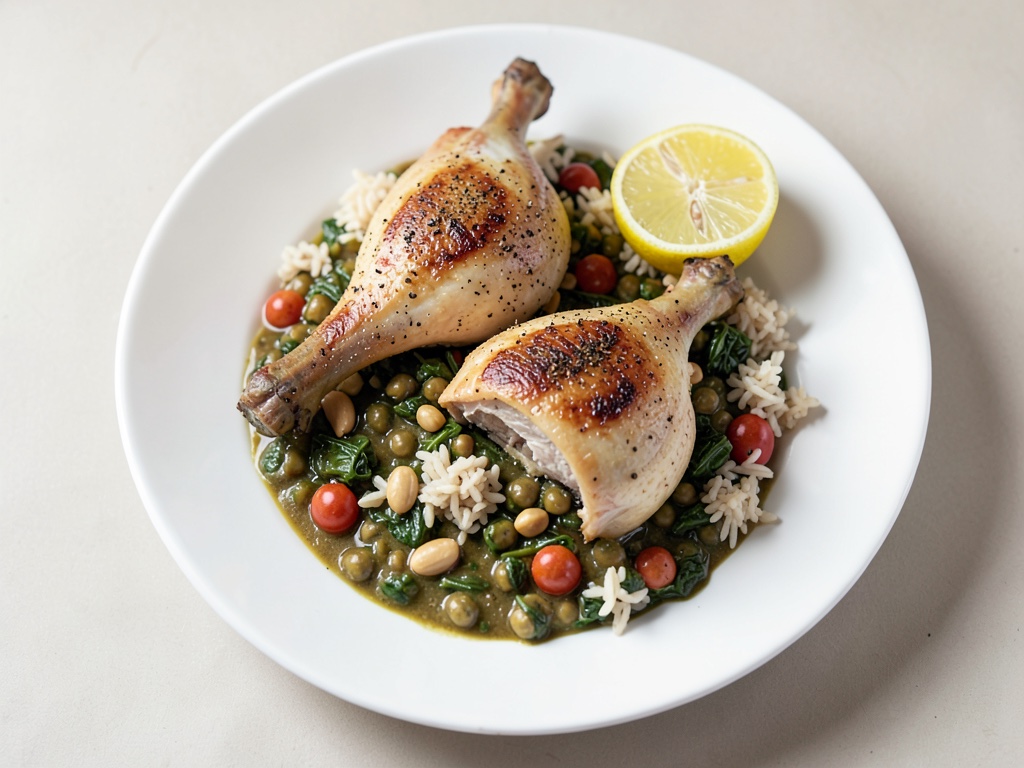 Pollo al limone su stufato di spinaci e ceci con riso alle mandorle