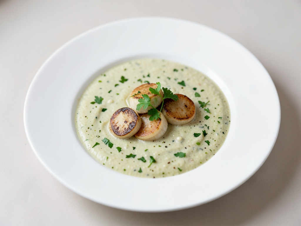 Zuppa cremosa al citronella con scaloppine di pettine fritte