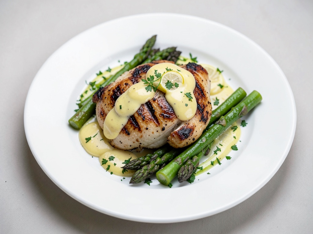 Poulet grillé avec vinaigrette au citron et asperges vertes