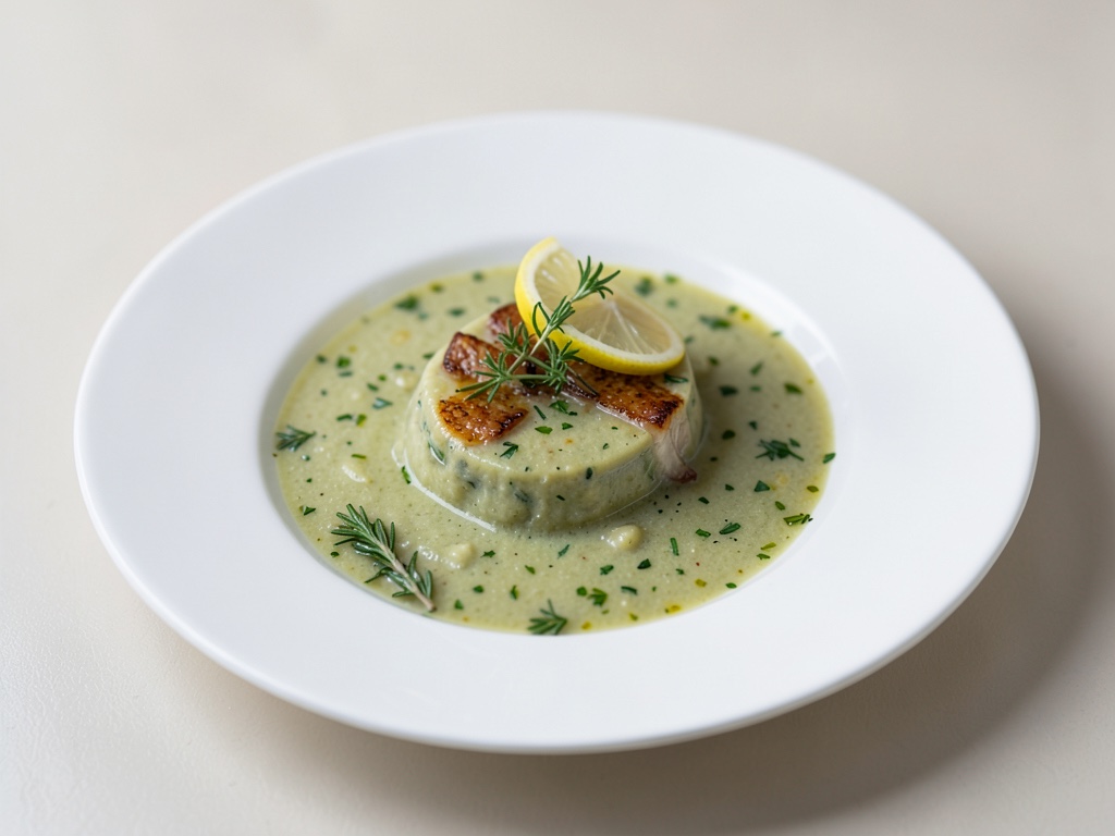 Soupe fraîche au poireau aux arômes de citron et au marjolaine