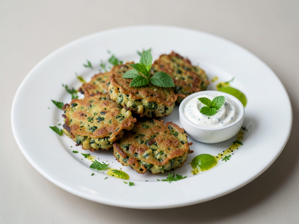 Gaufrettes de courgettes et pois croustillantes avec trempette yaourt-menthe