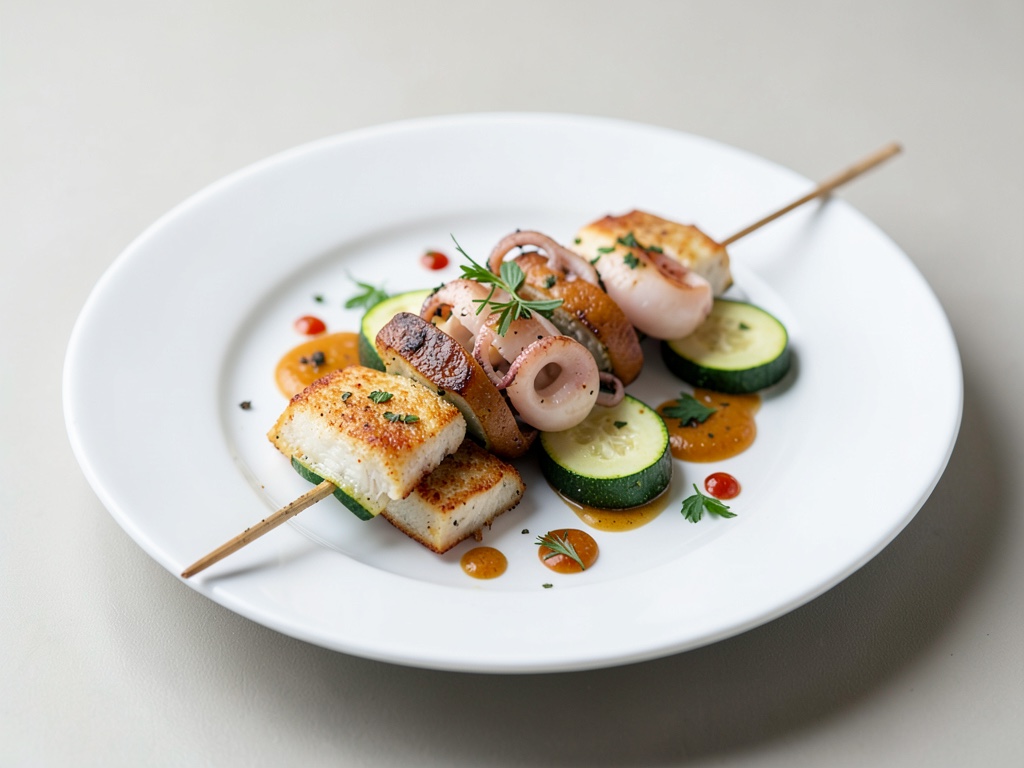 Griechische Spieße mit Fisch, Tintenfisch und Zucchini