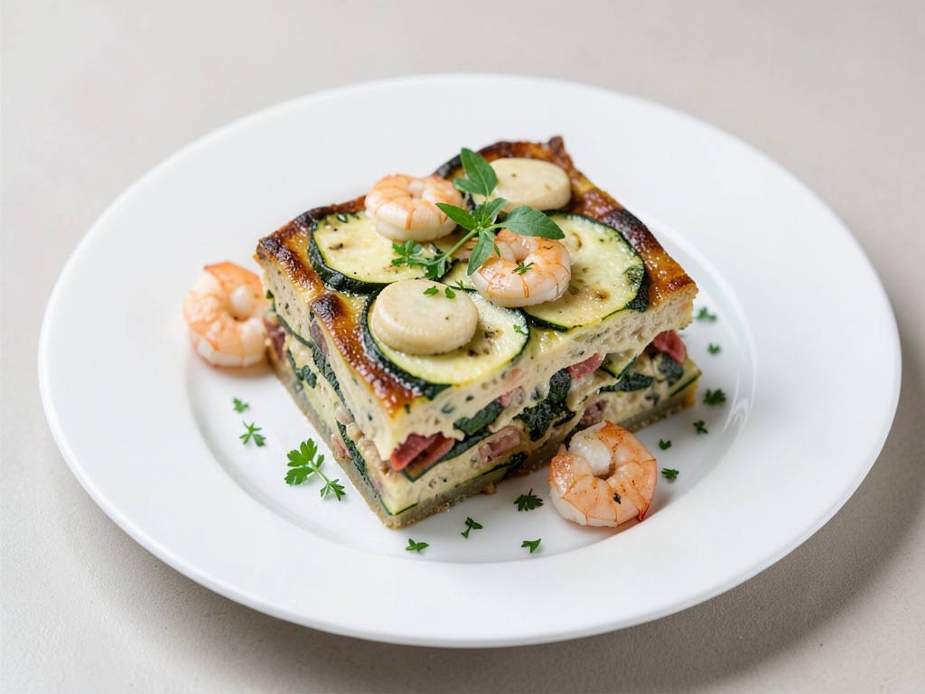 Zucchini-Lasagne mit Jakobsmuscheln und Garnelen