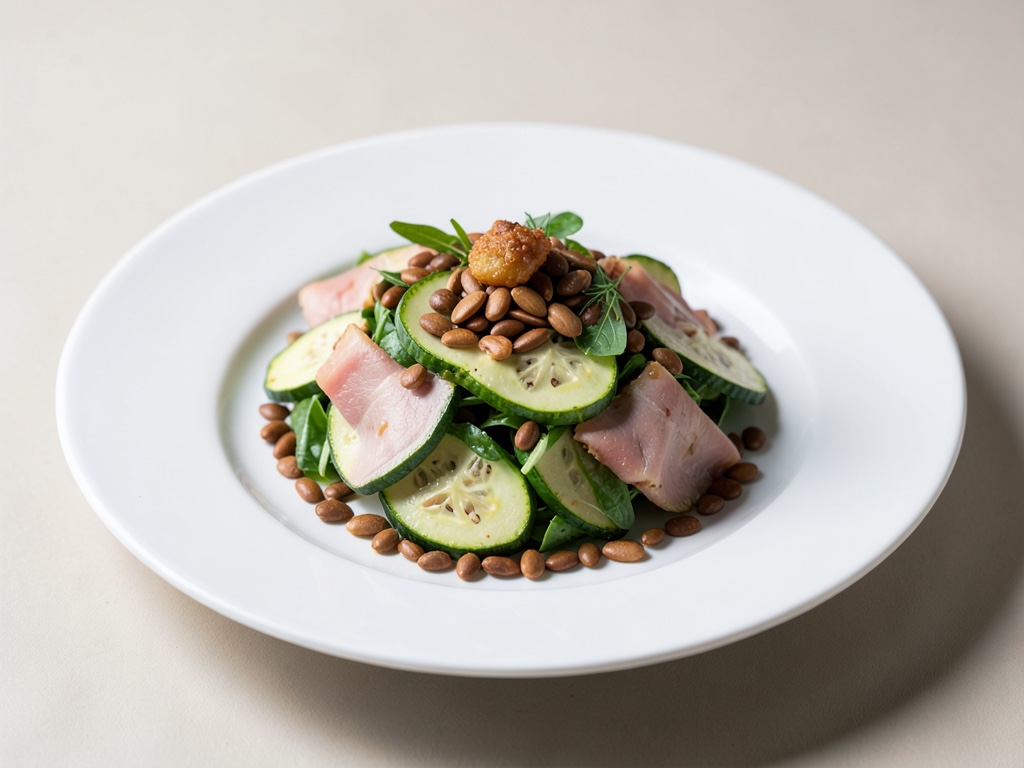 Insalata fresca di zucchine, prosciutto e semi di zucca tostati