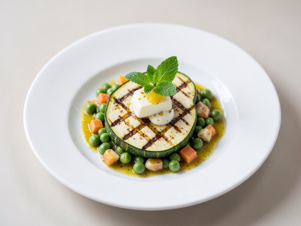 Grilled zucchini with peas, citrus butter and mint
