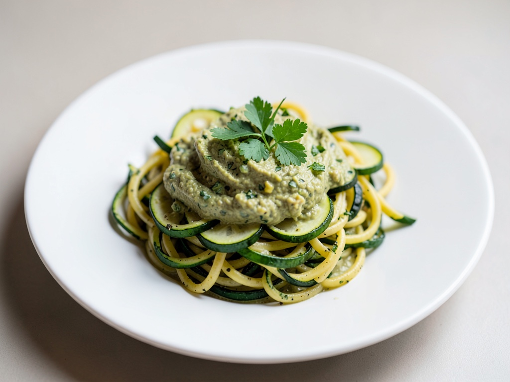 Zucchini-Spaghetti mit cremigem Avocado-Basilikum-Dip