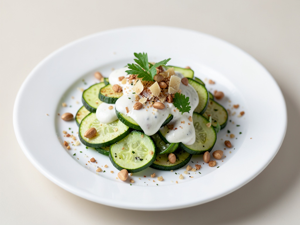Ensalada de calabacín crudo con aderezo de yogur, parmesano y piñones