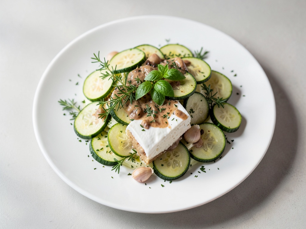 Insalata di zucchine con dip alle erbe e anelli di formaggio di capra