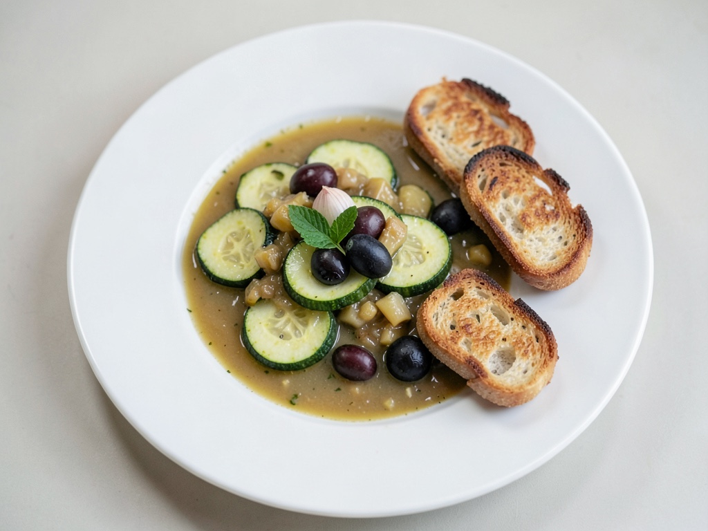 Zuppa cremosa di zucchine con croccanti pezzi di baguette alle olive