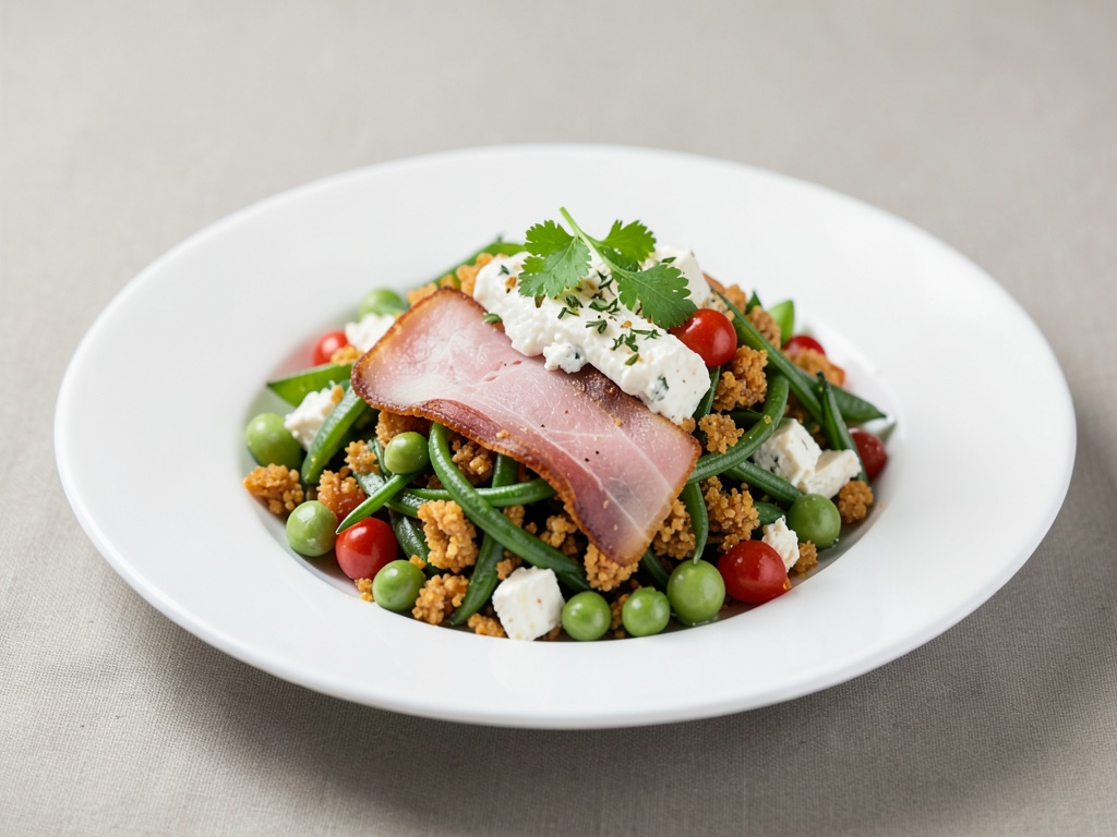 Insalata croccante di piselli e baccelli con formaggio di capra e prosciutto