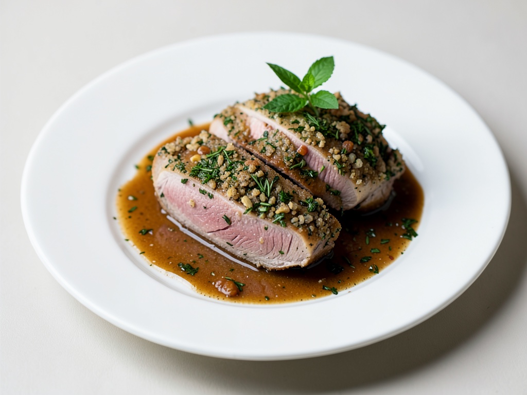 Medaglioni di vitello con crosta alle erbe e salsa