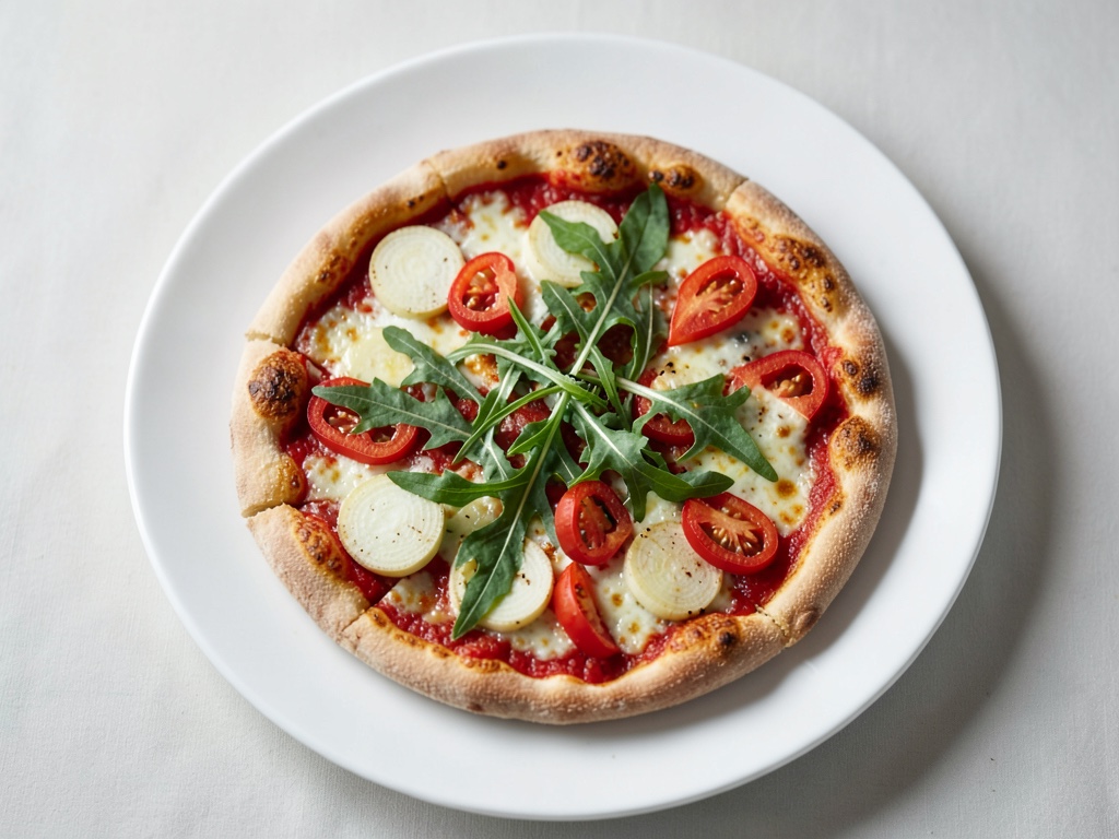 Pizza croccante con cipolle, peperoni e rucola