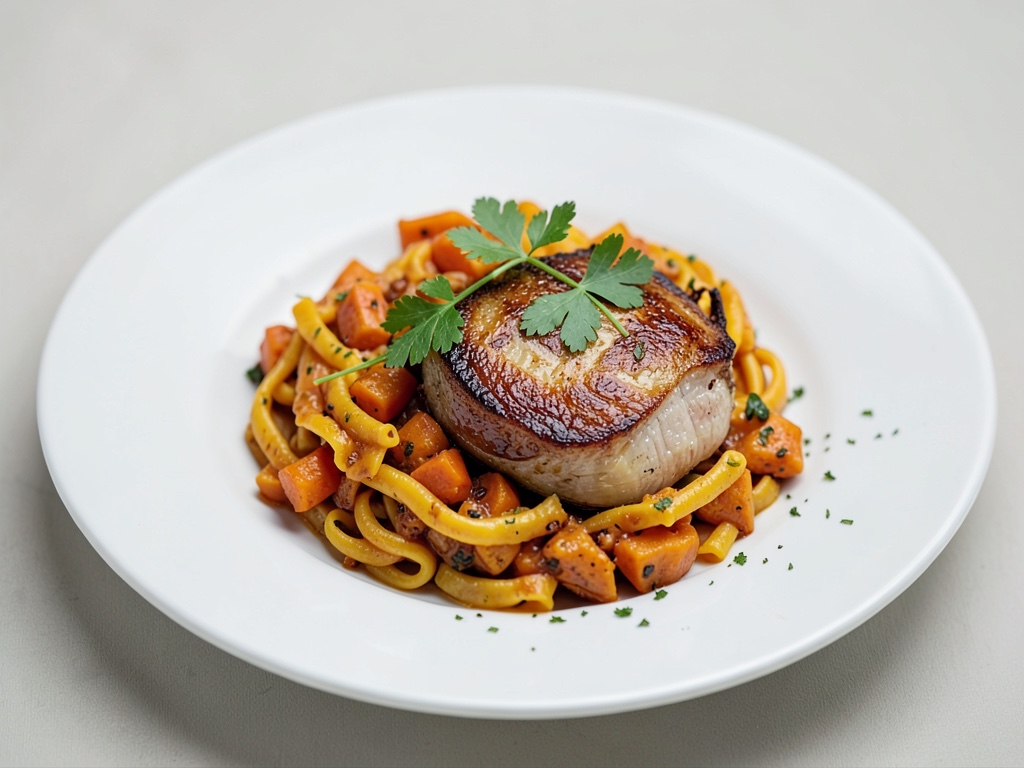 Zwiebelbraten mit Kürbisnudeln