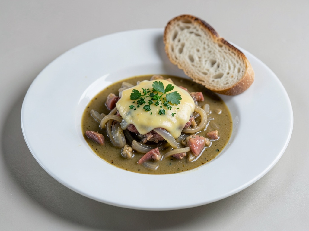 Zuppa di cipolle classica con baguette al formaggio