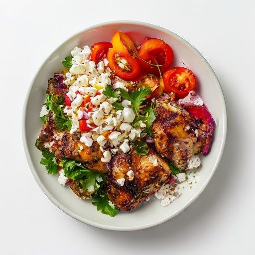 Ciotola spagnola di pollo affumicato con insalata di pomodori e cipolle