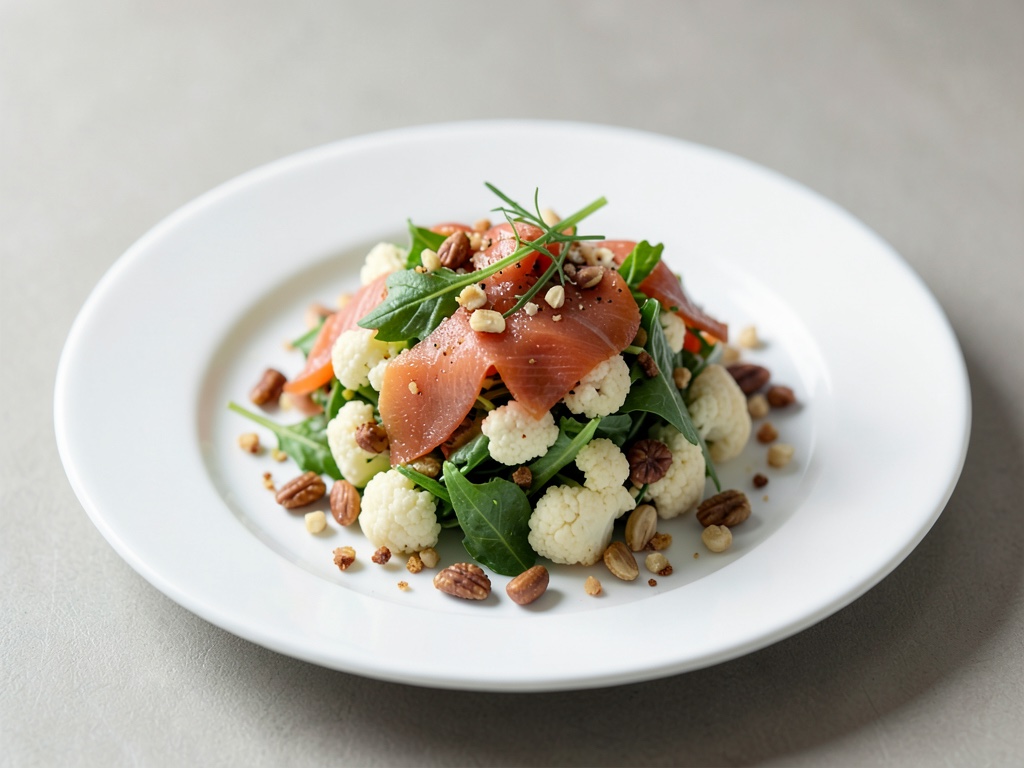 Insalata fresca di cavolfiore con noci e salmone affumicato