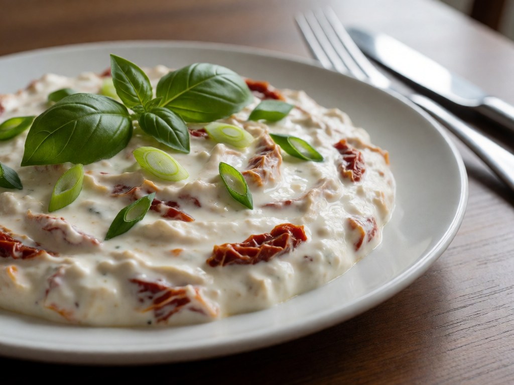 Cremiger Frischkäse-Dip mit sonnengetrockneten Tomaten und frischem Basilikum